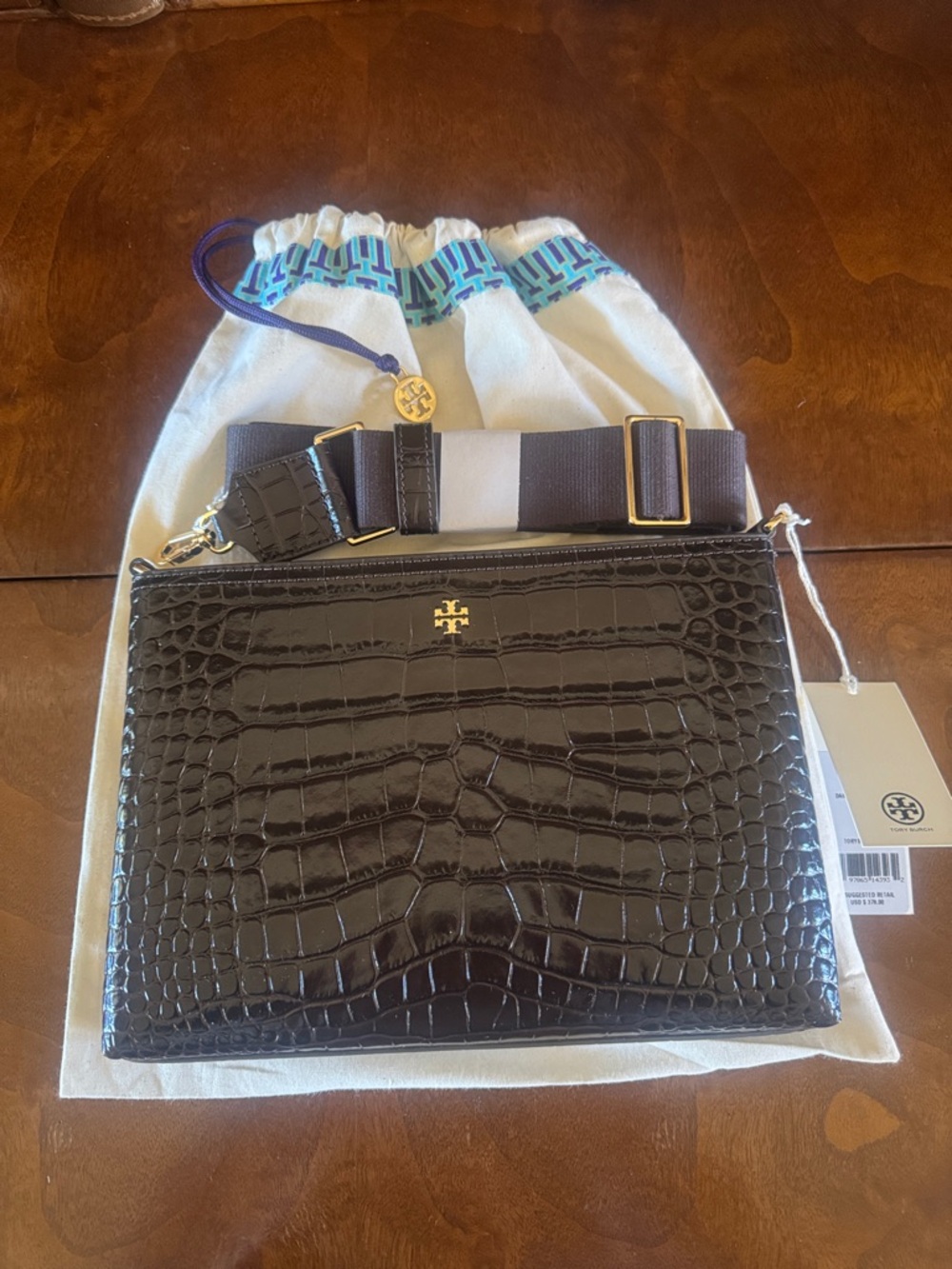 Tory Burch Brown "Blake" Croc-Embossed Leather Messenger Pouch with Strap New!